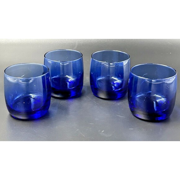 Cobalt Blue Lowball Art Glass Hand Blown Glasses Set of 4 Glasses 3.25 In Tall - Picture 2 of 5